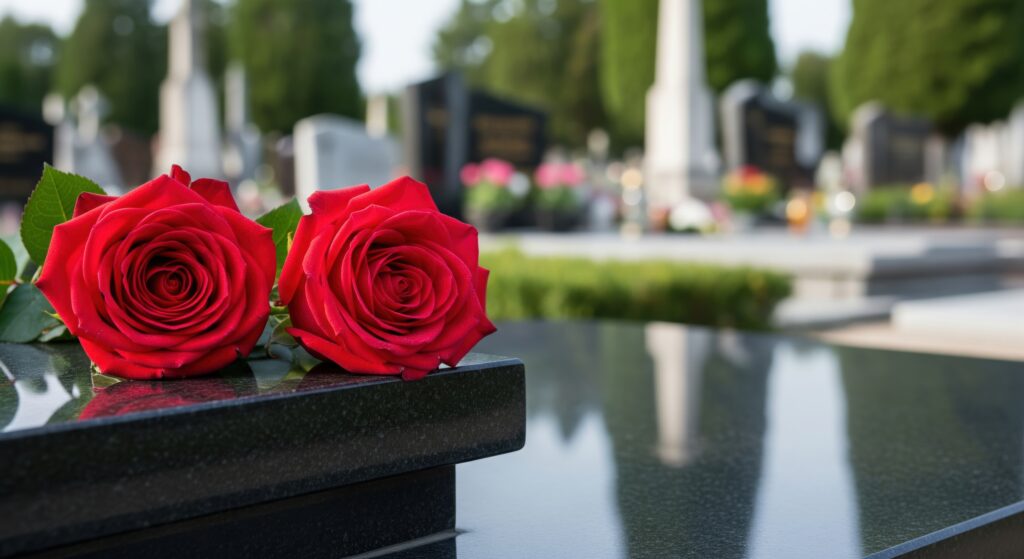 two vibrant red roses on dark polished granite tombstone corner. respectful floral tribute in peaceful cemetery setting. memorial monument symbol of love and remembrance.